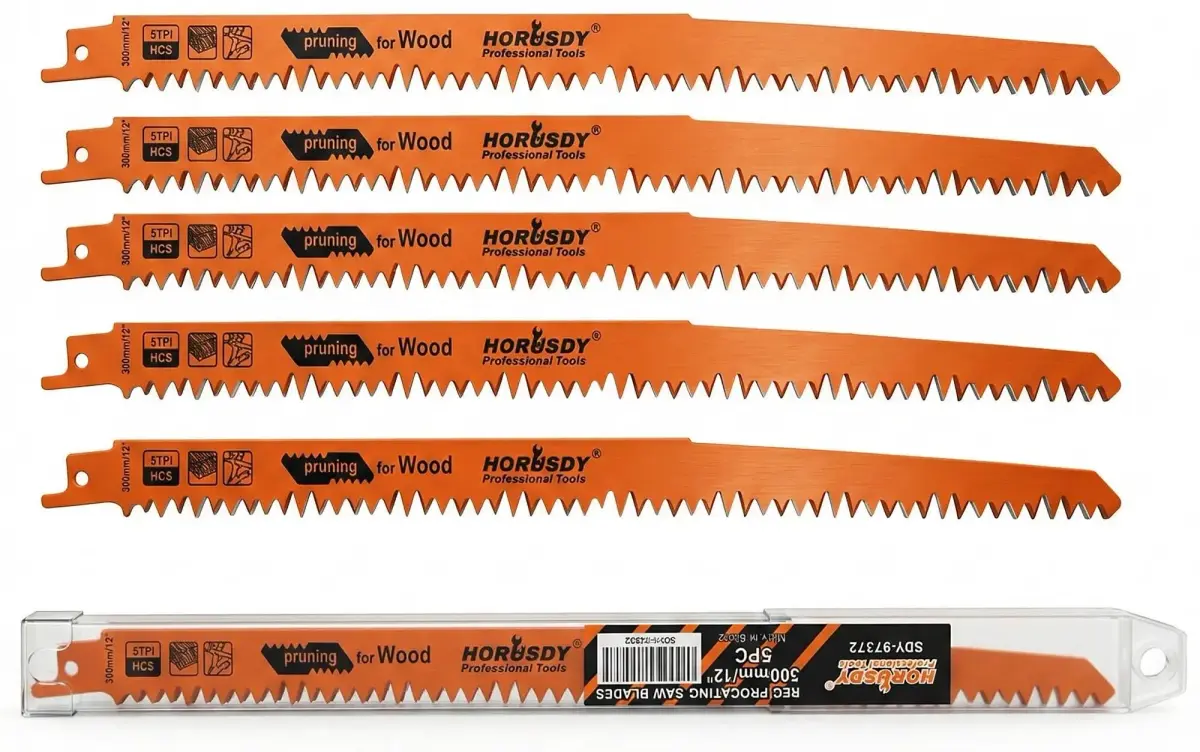 HORUSDY 12-Inch Wood Pruning Reciprocating Saw Blades, 5 TPI HCS Carbon Steel, 5-Pack | Fast Cutting Green Wood & Plastic - main product image
