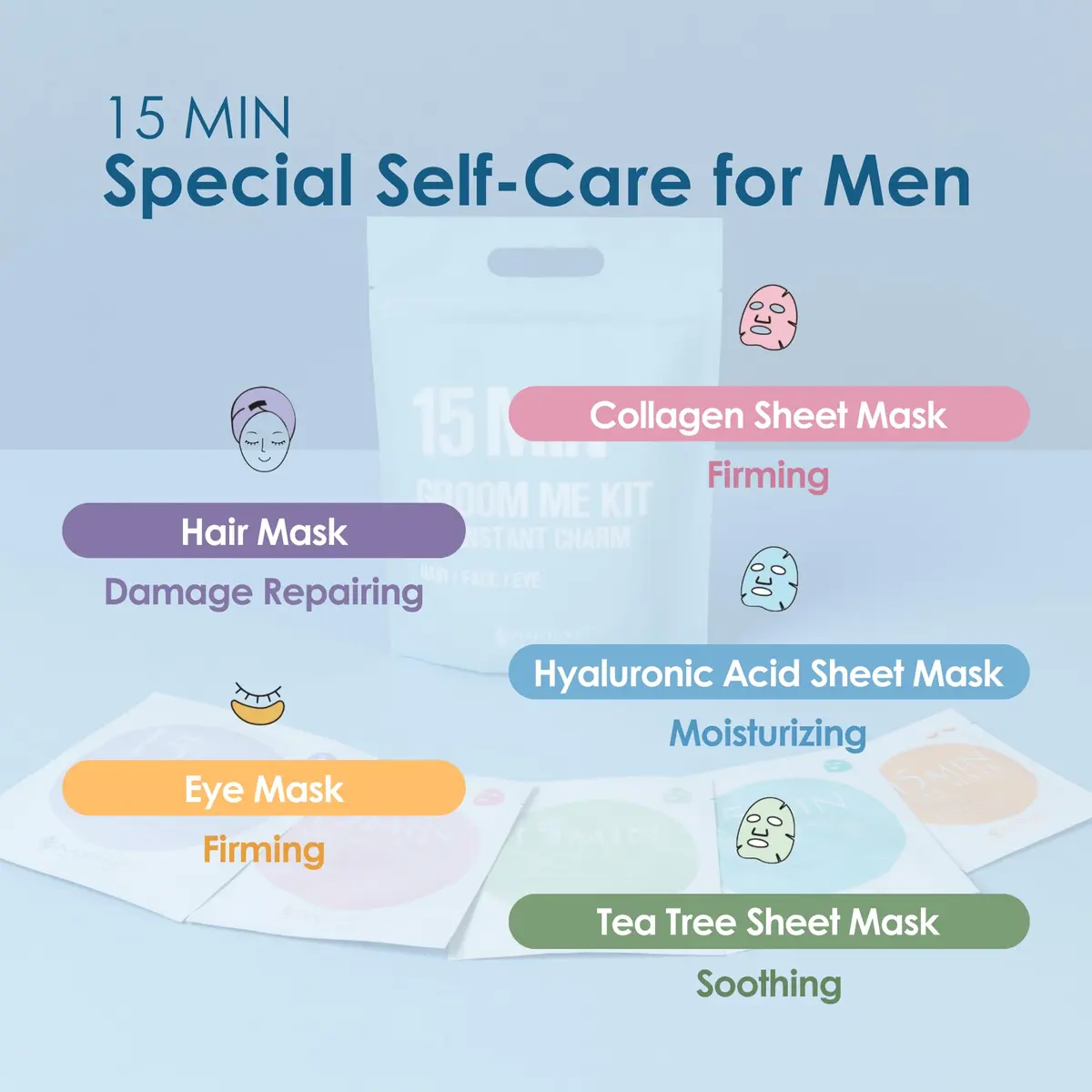 Naisture 15 Min Groom Me Kit Skincare Gift Set for Men – All-in-One Hair, Face & Eye Masks, Complete Grooming Self-Care (5 pcs) - view 2