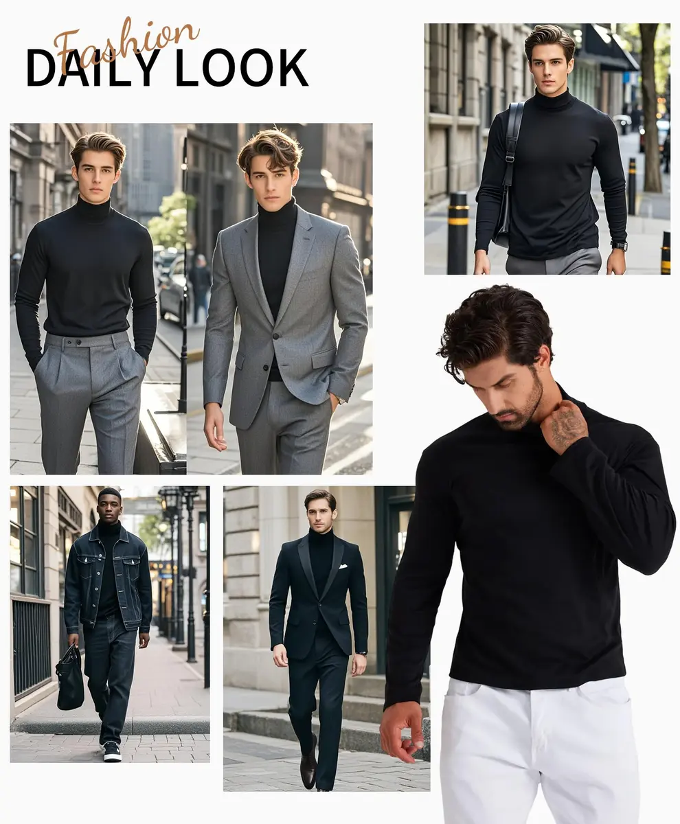 LONGBIDA Men's Slim Fit Basic Long Sleeve Pullover Top Turtleneck (Black, S) | Slim Fit Casual Sweater - view 2