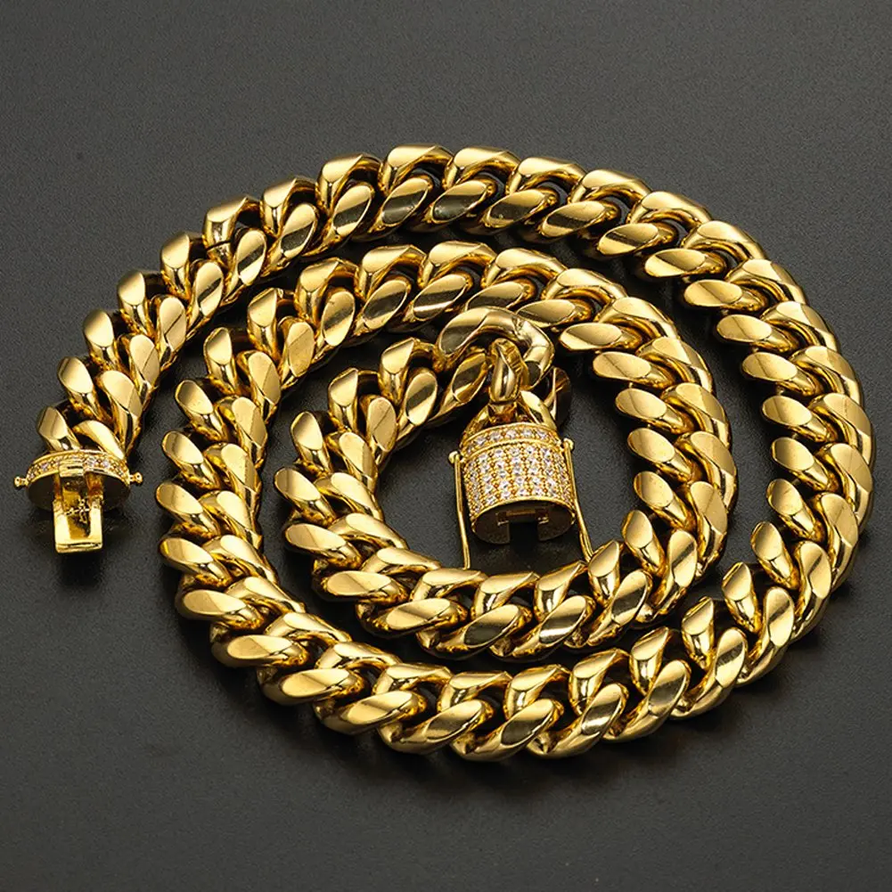 Jxlepe Mens Cuban Link Chain 15mm Stainless Steel Gold Necklace | Hip Hop Style Choker - view 7