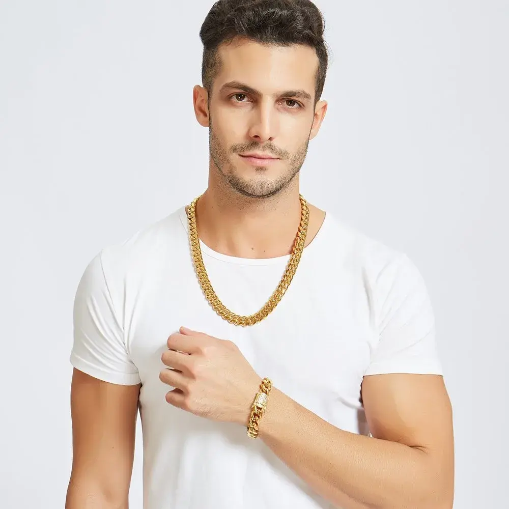 Jxlepe 15mm Cuban Link Chain Necklace in 20 inch (50.8 cm) - Premium Stainless Steel with 18K Gold Plating - view 2