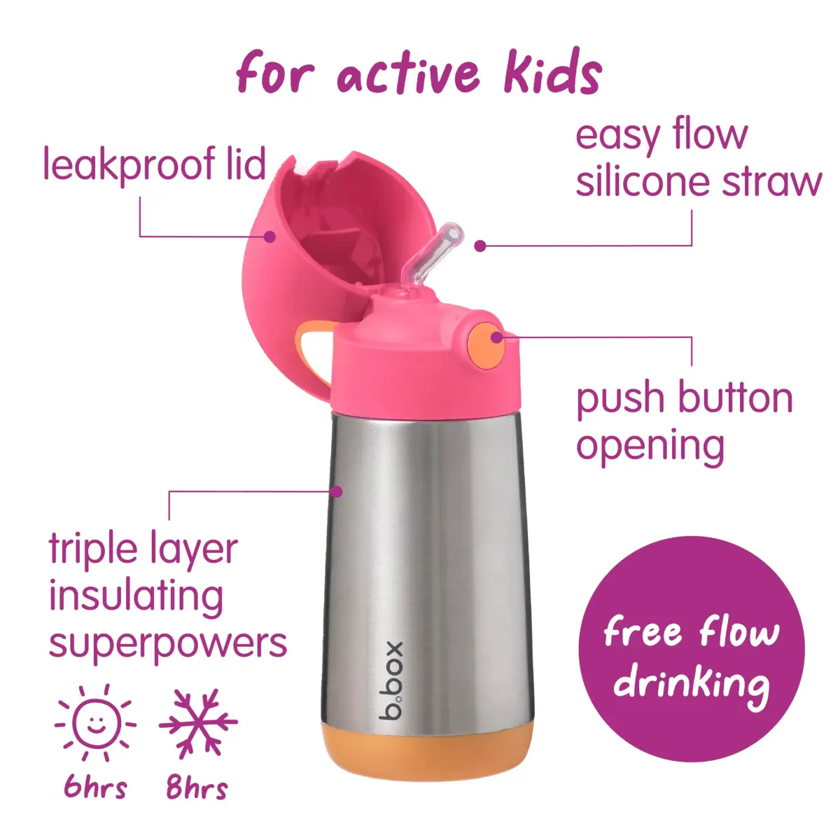 b.box Insulated Water Bottle for Kids, 350ml (12 oz) Toddler Water Bottle with Straw | Keeps Drinks Cold for 8 Hours - view 3