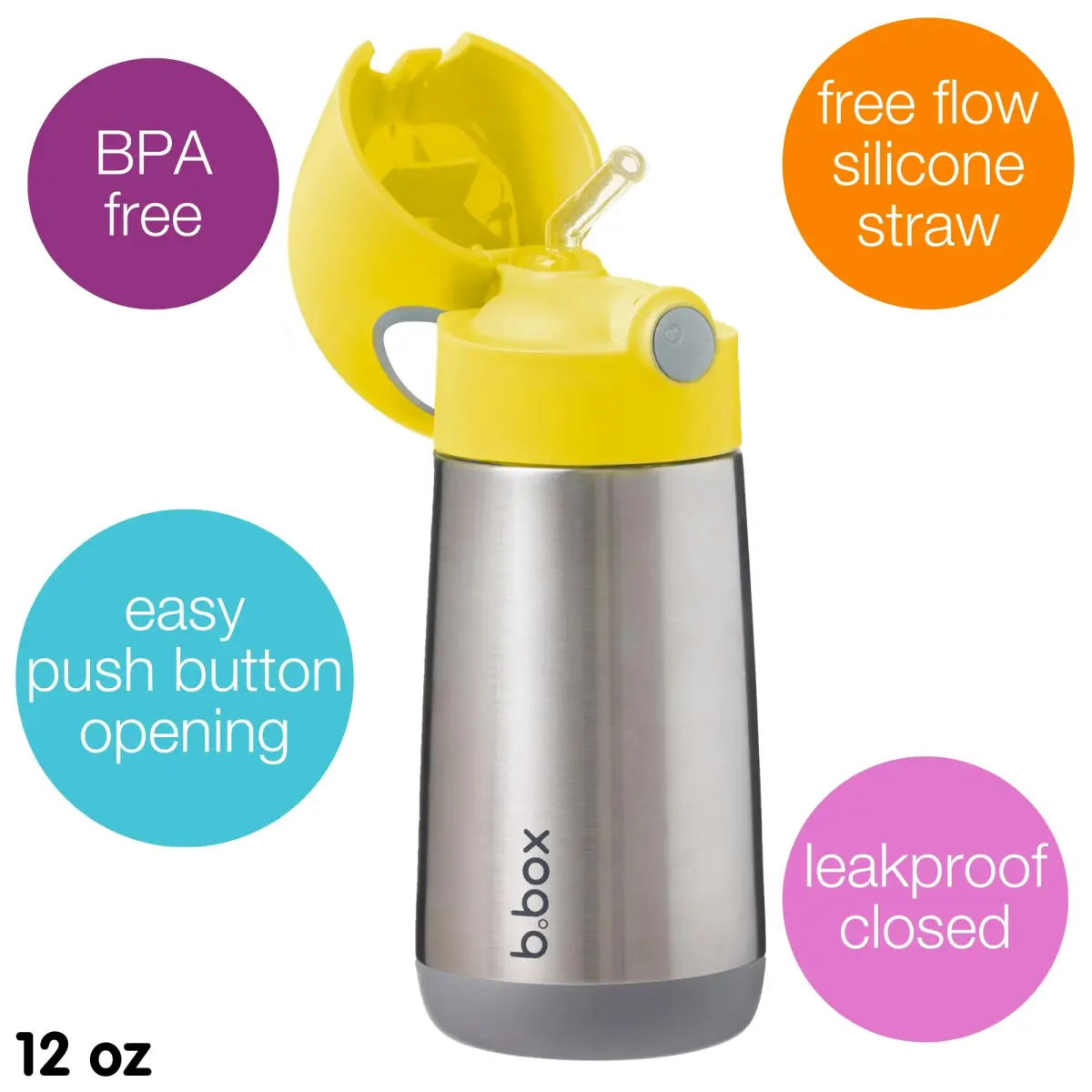 b.box Insulated Water Bottle for Kids, 350ml (12 oz) Lemon Sherbet | Keeps Drinks Cold for 8 Hours - view 3