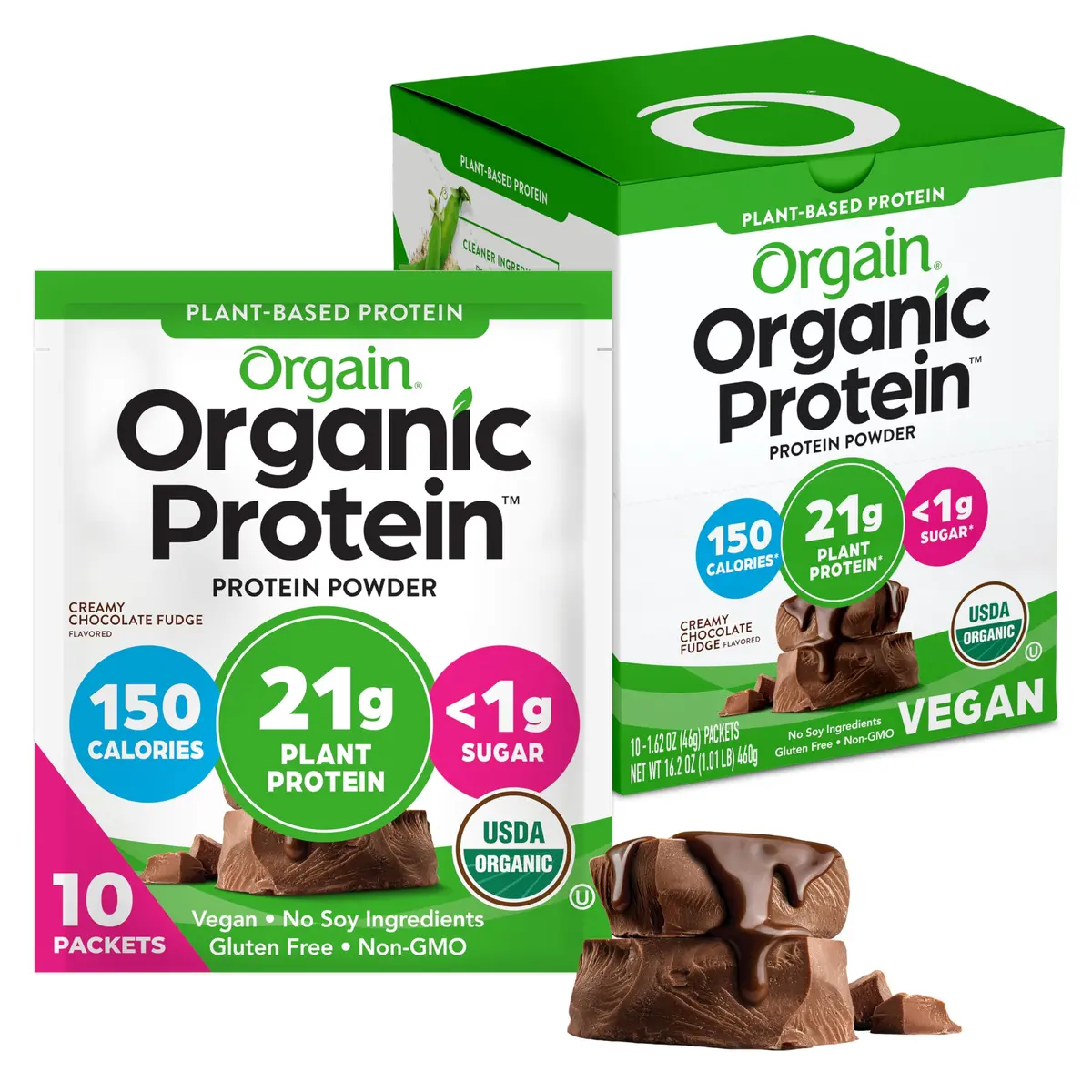 Orgain Organic Vegan 21g Protein Powder, Chocolate Fudge, 10 Travel Packs | Plant-Based, USDA Organic, 21g Protein - main product image