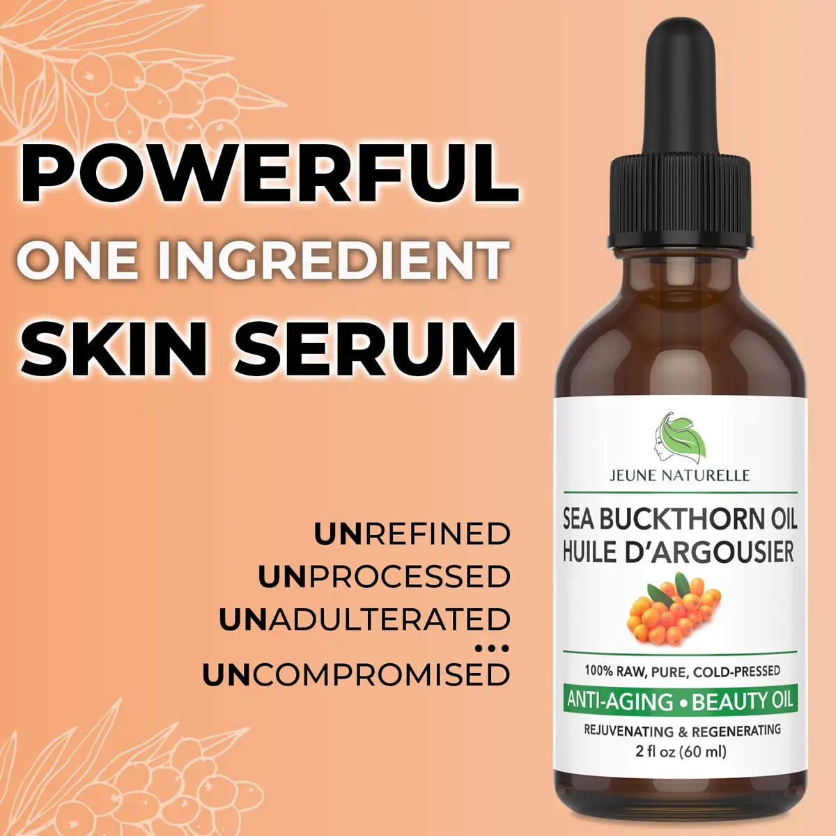 Jeune Naturelle Sea Buckthorn Oil 2 Fl Oz | Organic, Pure, Cold Pressed, Unrefined, Non-Comedogenic - view 2
