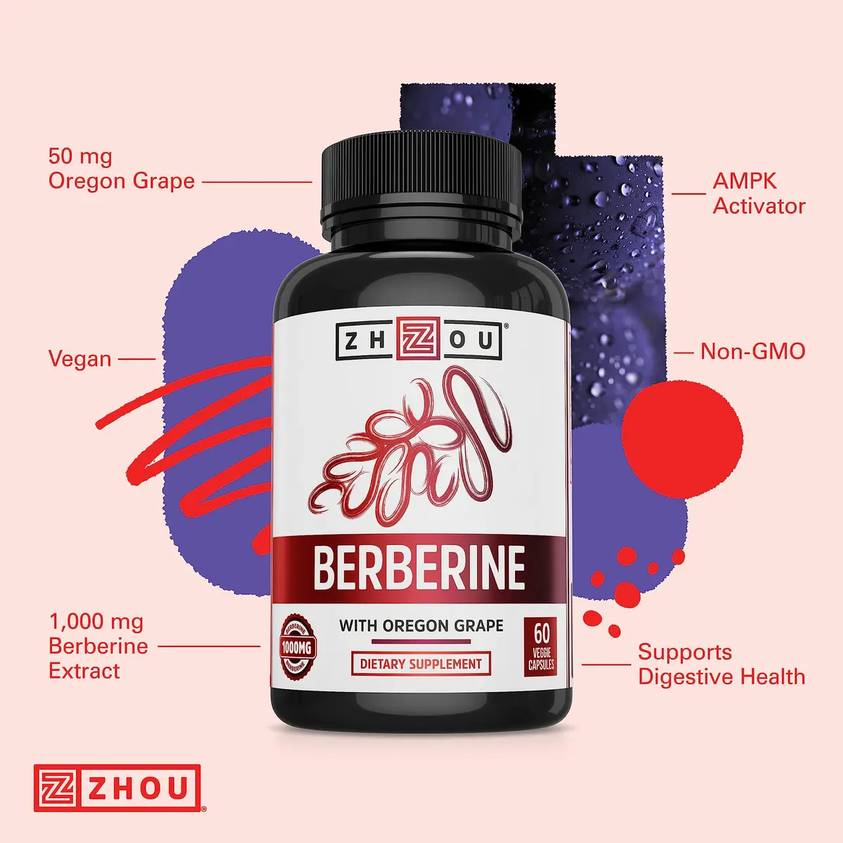 ZHOU Berberine with Oregon Grape | 1000mg Capsules for Gut & Metabolic Health (70-120 chars) - view 3