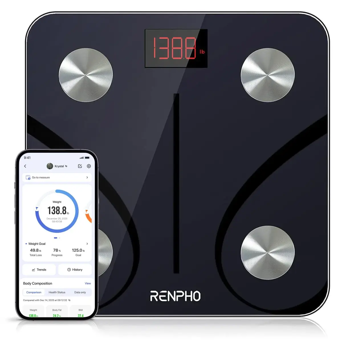 RENPHO Digital Smart Scale, BMI & Body Fat, Bluetooth, 13 Metrics, App Sync, 26cm (10.2") | Accurate Body Composition Tracking - main product image