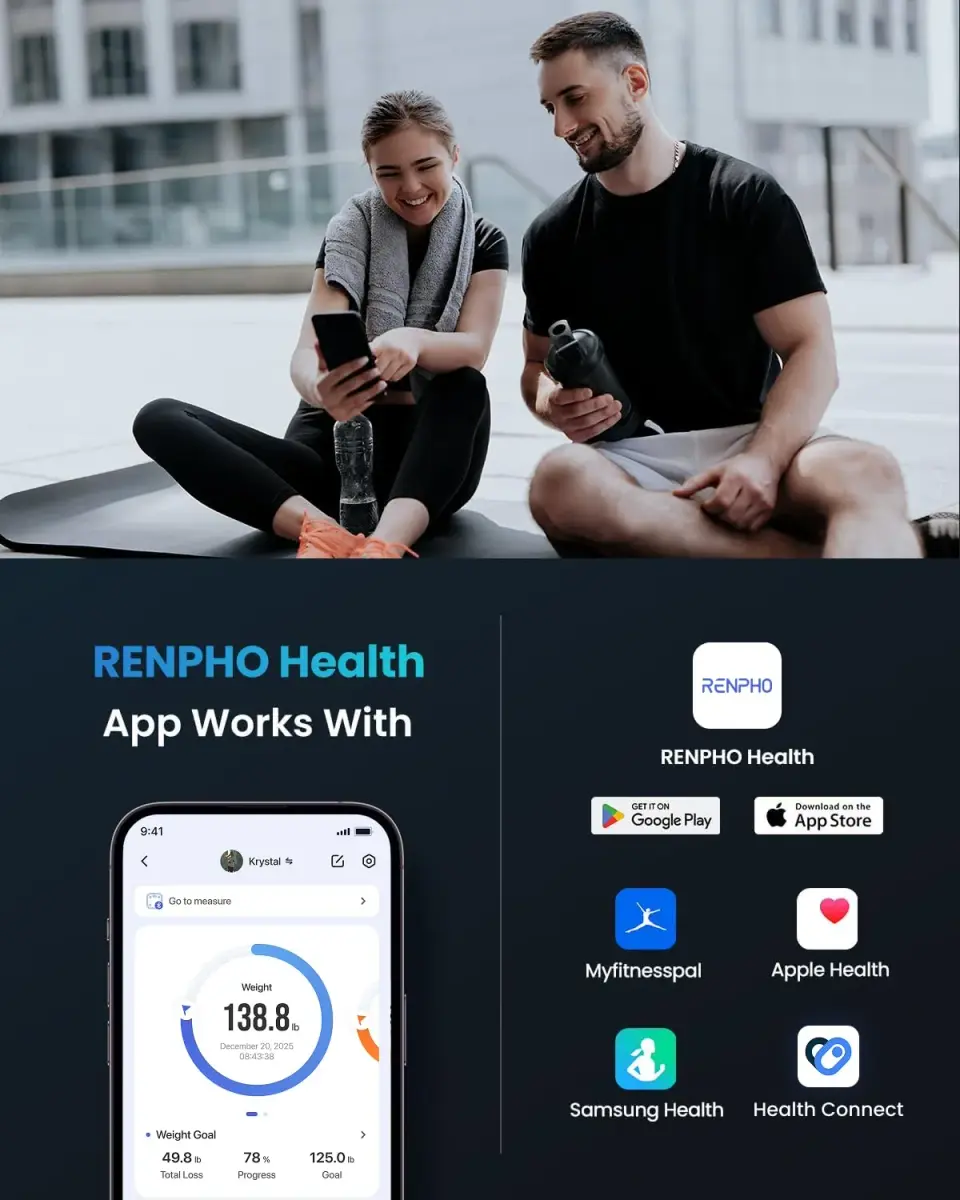 RENPHO Digital Smart Scale, BMI & Body Fat, Bluetooth, 13 Metrics, App Sync, 26cm (10.2") | Accurate Body Composition Tracking - view 4