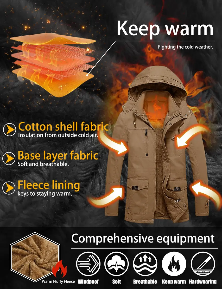 TACVASEN Men's Winter Jacket Fleece Lined Military Thick Coat Khaki L | Windproof & Warm - view 4