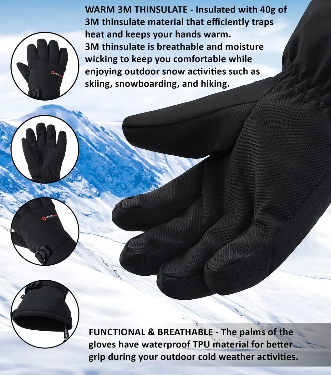 Alpine Swiss Mens Waterproof Snow Ski Gloves XL | Windproof & Thinsulate Warm (enlarged XL size for men) - view 3