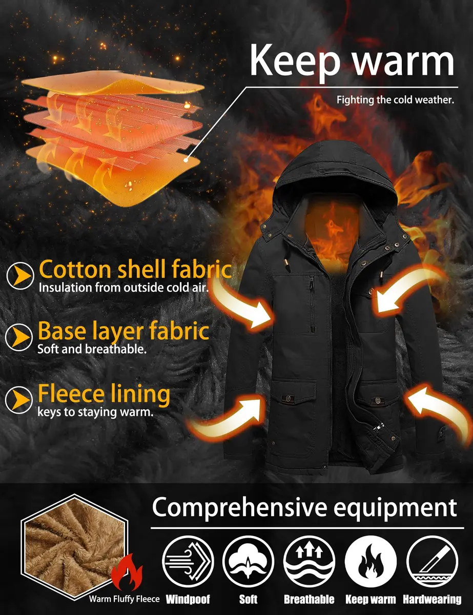 TACVASEN Men's Winter Jacket Fleece Lined Military Thick Coat Black Large | Warm, Windproof Outerwear - view 3