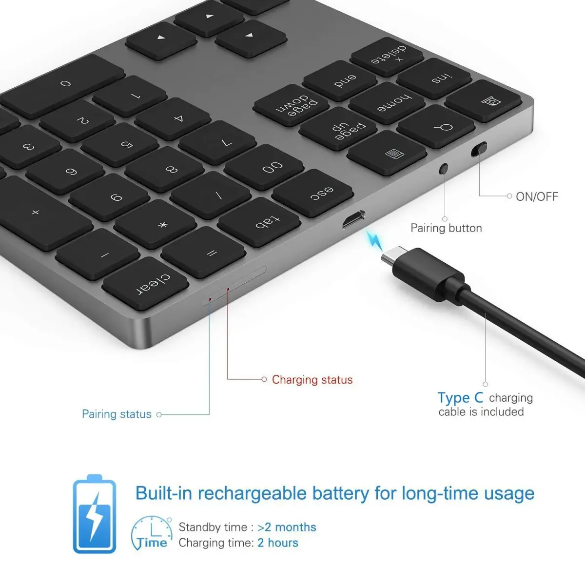 Lekvey Aluminum Rechargeable Wireless Numeric Keypad 34-Keys | Bluetooth 5.0 for Mac, Windows, Android - view 3