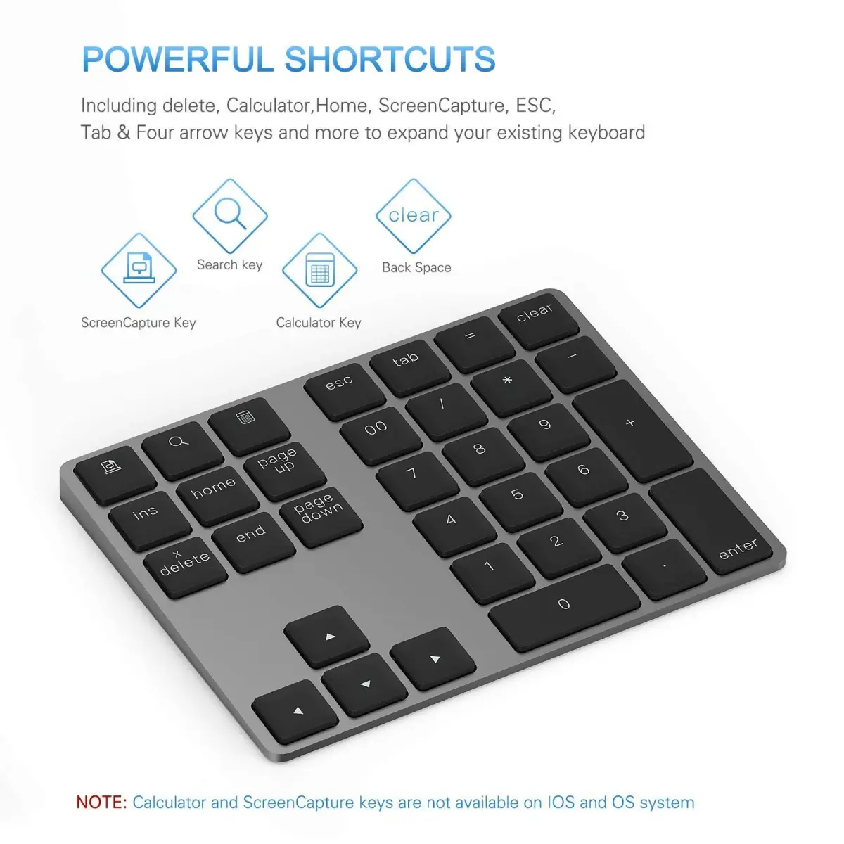 Lekvey Aluminum Rechargeable Wireless Numeric Keypad 34-Keys | Bluetooth 5.0 for Mac, Windows, Android - view 4