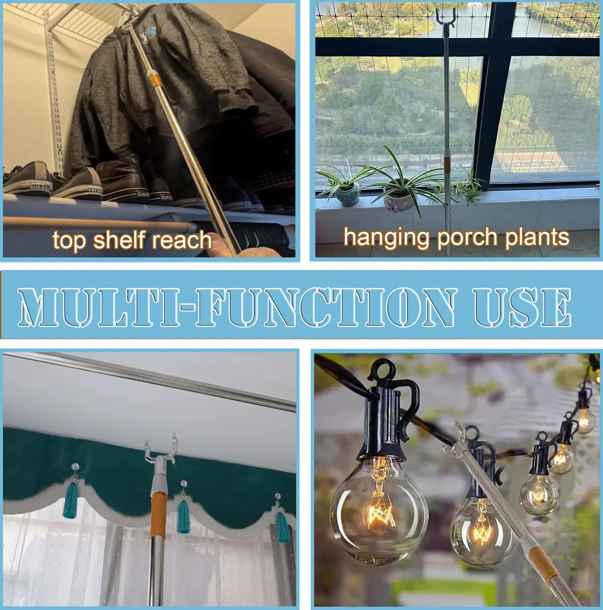 asunflower Extendable Clothes Hook Pole with Hook for Closet, Heavy Duty Long Reach Stick, 33"-56" Blue | Reaching Clothes Hanger Pole - view 5