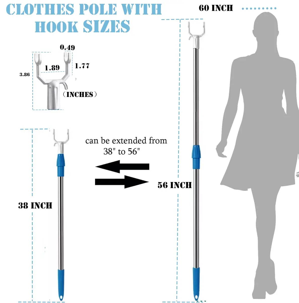 asunflower Extendable Clothes Hook Pole with Hook for Closet, Heavy Duty Long Reach Stick, 33"-56" Blue | Reaching Clothes Hanger Pole - view 2