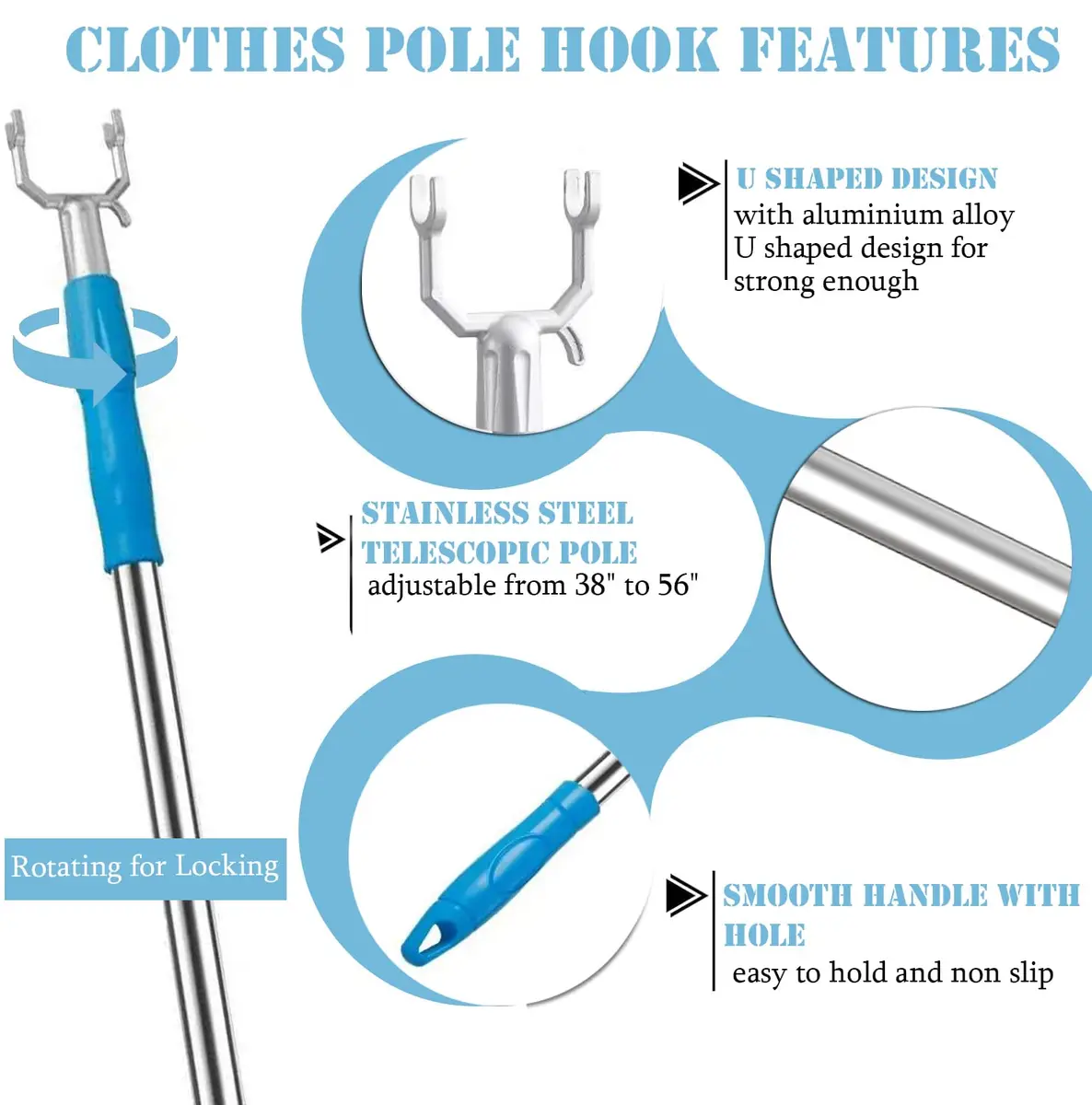 asunflower Extendable Clothes Hook Pole with Hook for Closet, Heavy Duty Long Reach Stick, 33"-56" Blue | Reaching Clothes Hanger Pole - view 3