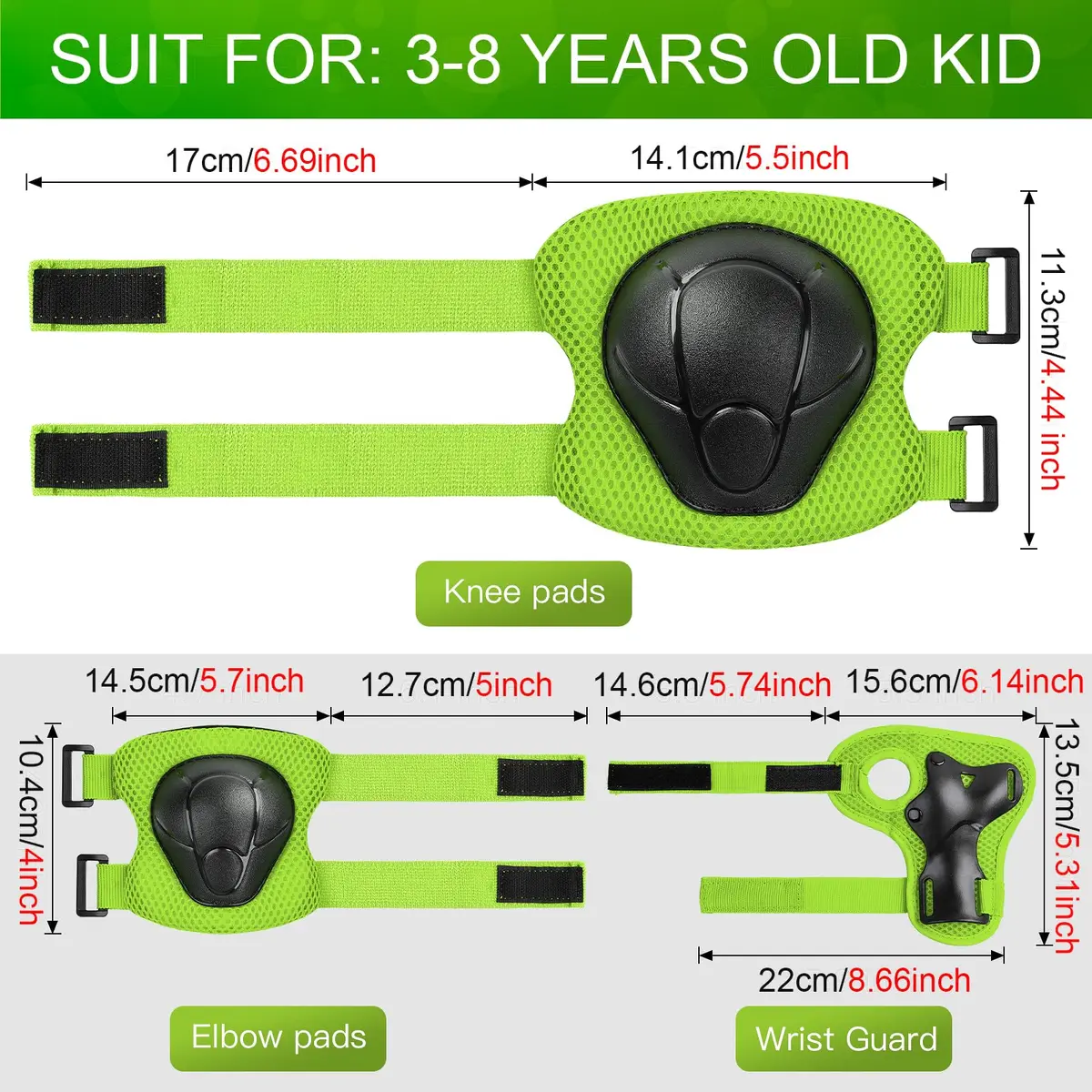 Wemfg Impact Protection Gear Set for Kids 3-8 Years | Knee, Elbow & Wrist Guards with Adjustable Straps (Green) - view 5