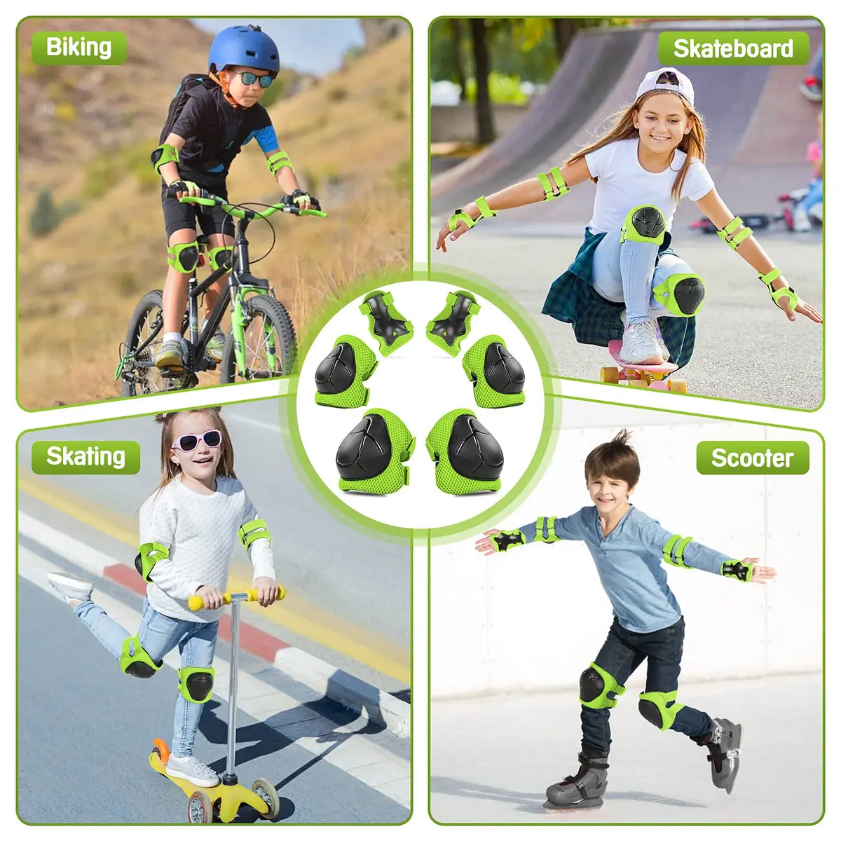 Wemfg Impact Protection Gear Set for Kids 3-8 Years | Knee, Elbow & Wrist Guards with Adjustable Straps (Green) - view 6