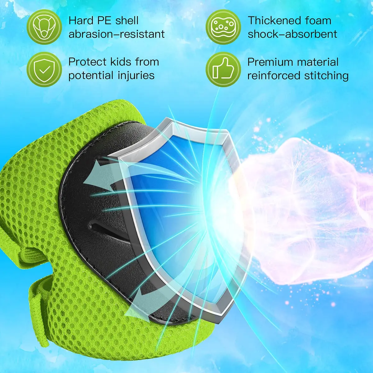 Wemfg Impact Protection Gear Set for Kids 3-8 Years | Knee, Elbow & Wrist Guards with Adjustable Straps (Green) - view 2