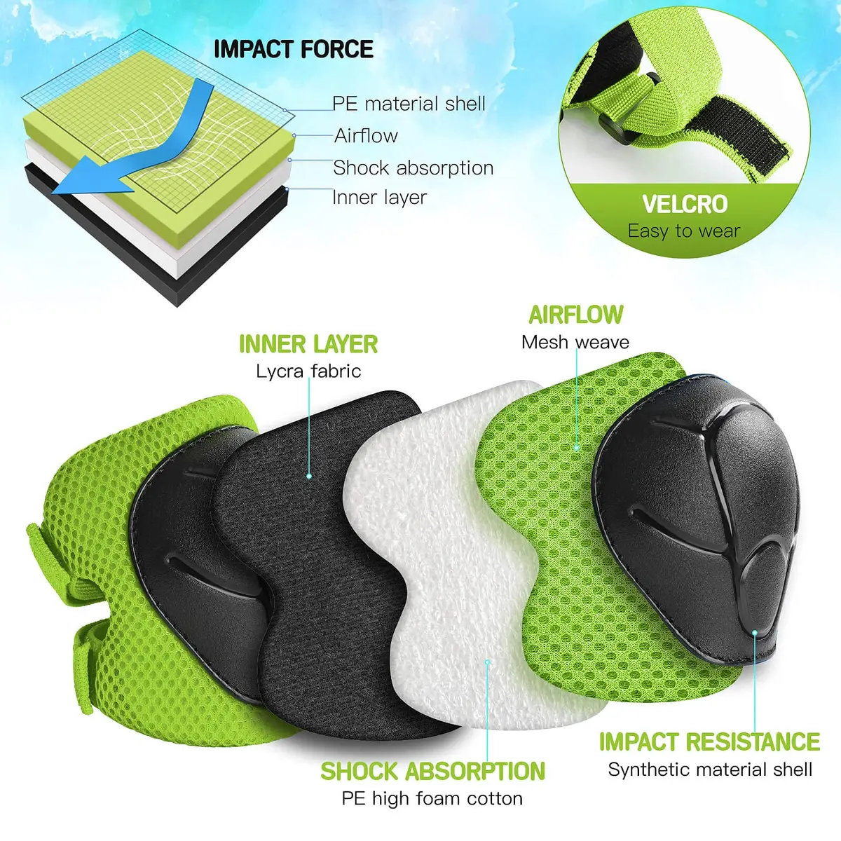 Wemfg Impact Protection Gear Set for Kids 3-8 Years | Knee, Elbow & Wrist Guards with Adjustable Straps (Green) - view 3