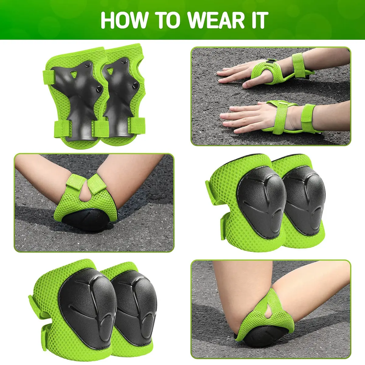 Wemfg Impact Protection Gear Set for Kids 3-8 Years | Knee, Elbow & Wrist Guards with Adjustable Straps (Green) - view 4