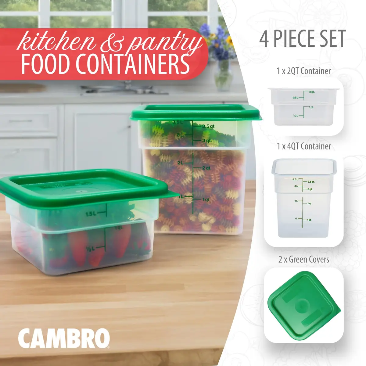 Cambro Classic Series Square Food Storage Container Set with Lids | 1.9L (2 QT) & 3.8L (4 QT) | Commercial Grade - view 2