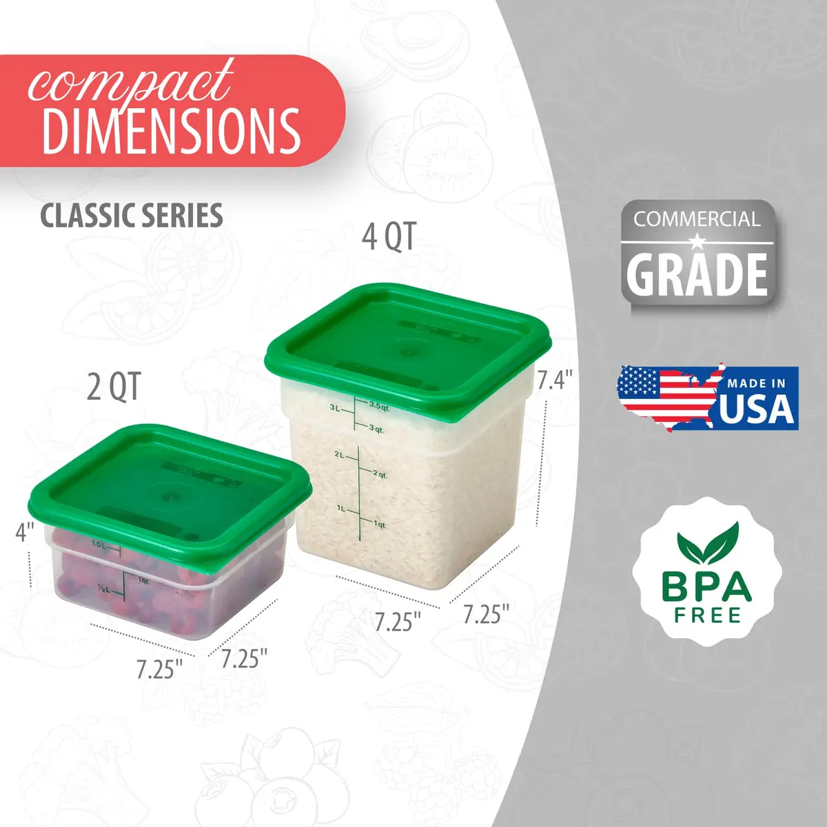 Cambro Classic Series Square Food Storage Container Set with Lids | 1.9L (2 QT) & 3.8L (4 QT) | Commercial Grade - view 3