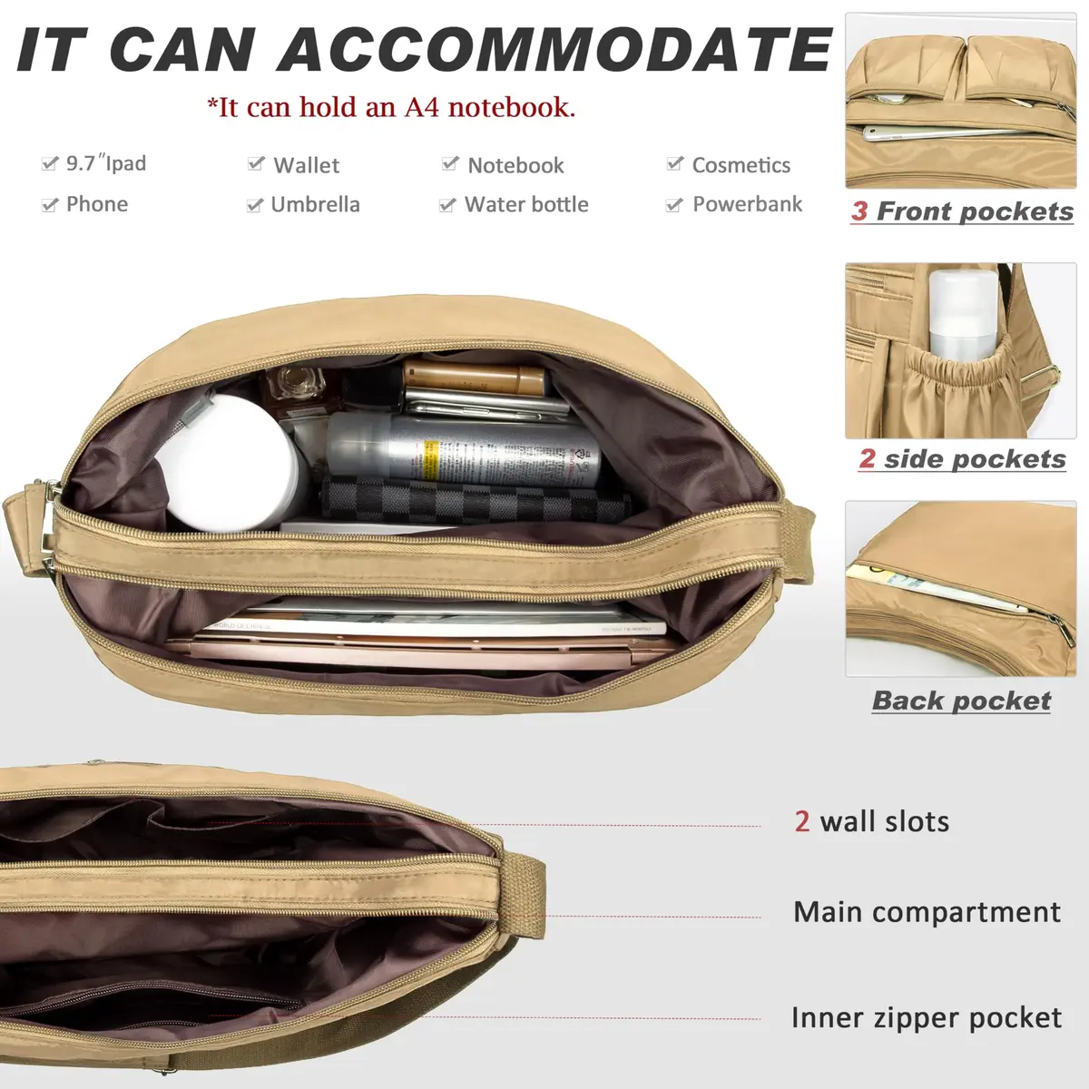 VOLGANIK ROCK Large Crossbody Purse Khaki 25.4cm (10in) | Lightweight Waterproof Nylon Travel Bag for Women - view 5