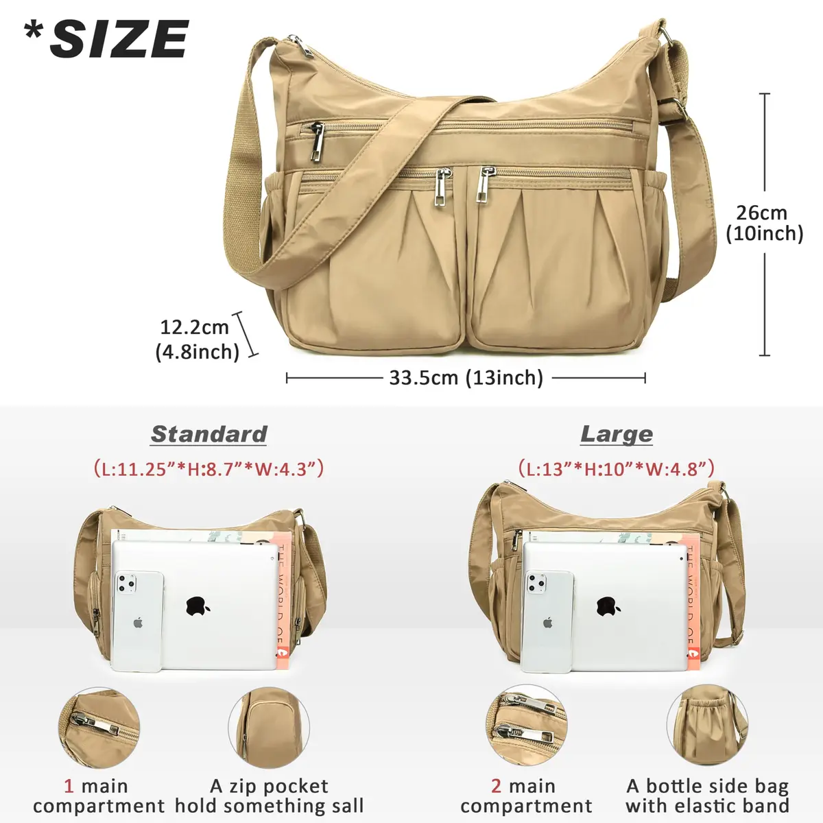 VOLGANIK ROCK Large Crossbody Purse Khaki 25.4cm (10in) | Lightweight Waterproof Nylon Travel Bag for Women - view 3