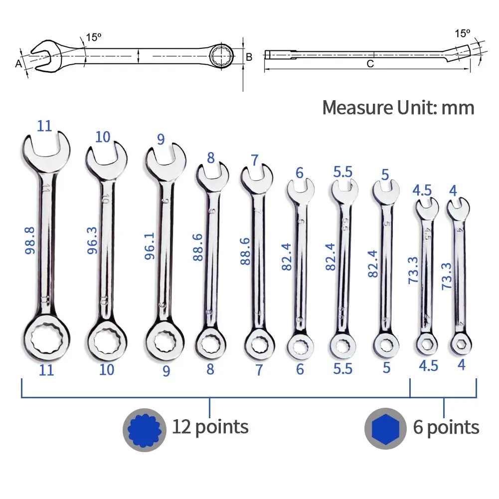 SPEEDWOX Mini Ignition Wrench Set Metric 10 Pcs 4mm-11mm Spanner Wrench | Rust-Resistant Chrome Finish - view 6