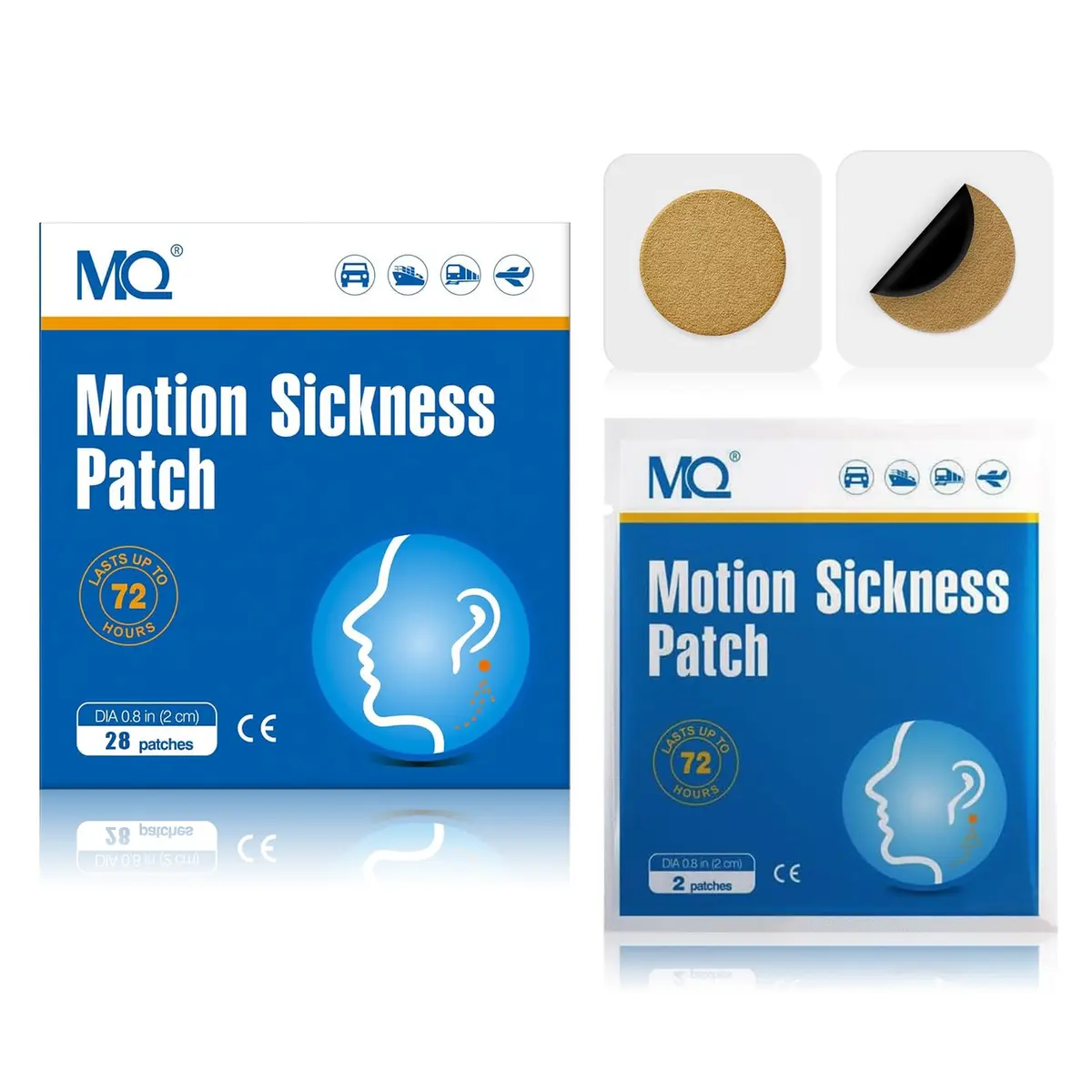 MQ 28ct Motion Sickness Patches Non Drowsy | Waterproof Behind Ear Relief (70-120c) - main product image