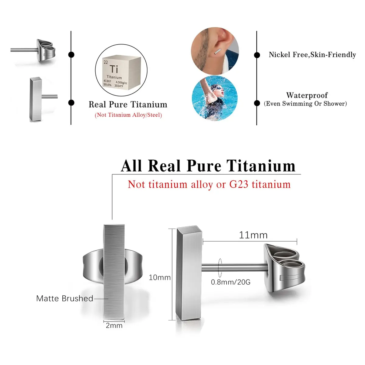 TGNEL Titanium Rectangle Bar Stud Earrings for Men & Women | 10mm (0.39in) - view 5