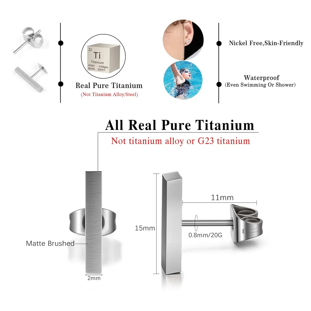 TGNEL Titanium Long Rectangle Bar Stud Earrings | Hypoallergenic for Sensitive Ears - view 5