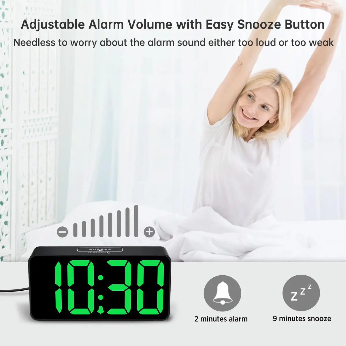 DreamSky Small Digital Alarm Clock with Large Green LED Numbers & USB Charging Port | Bedside Table Clock with Dimmer & Snooze - view 6