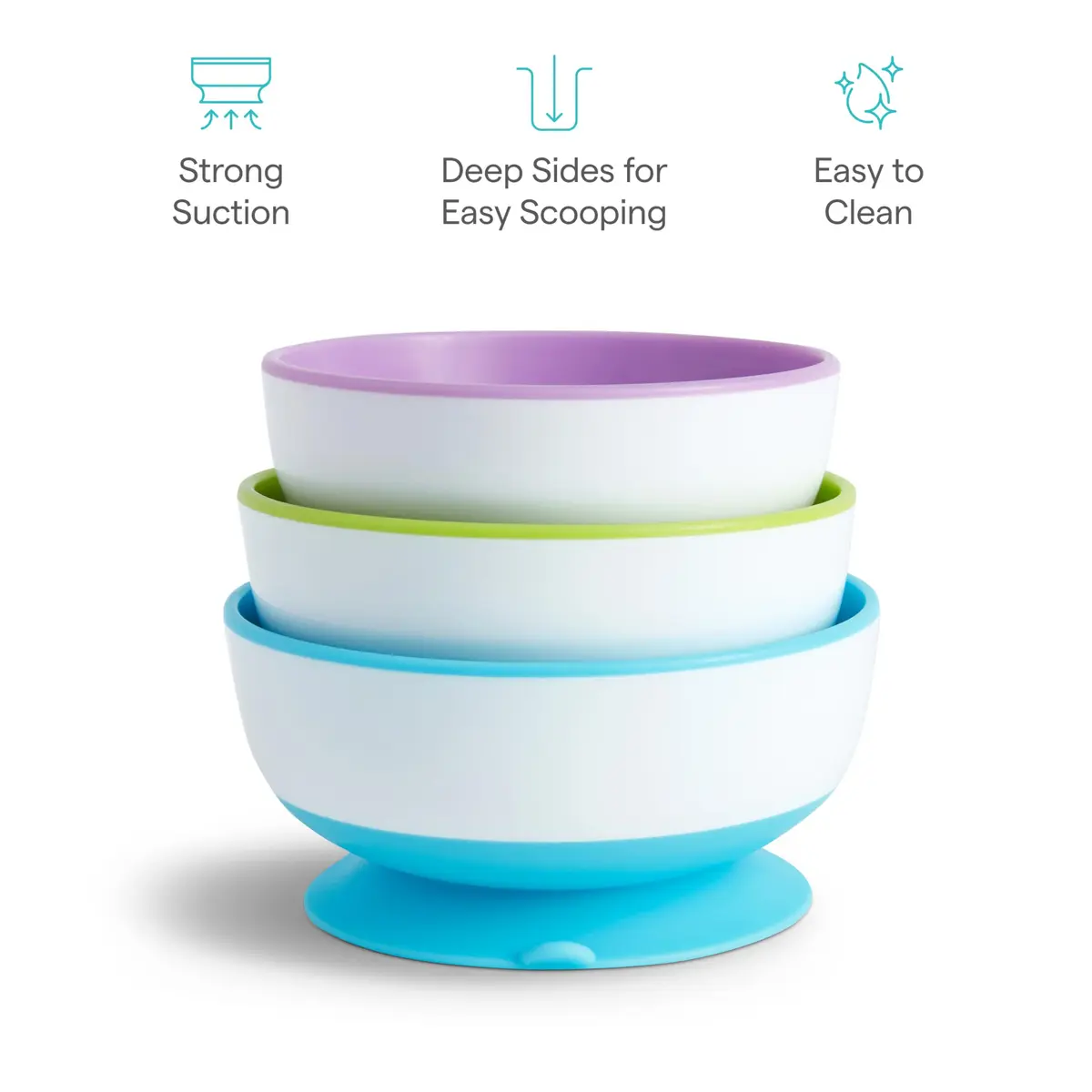 Munchkin Stay Put Suction Bowls for Baby and Toddler, 3 Pack, Blue/Green/Purple | BPA-Free Silicone Feeding Bowls for Infants 6+ Months - view 5