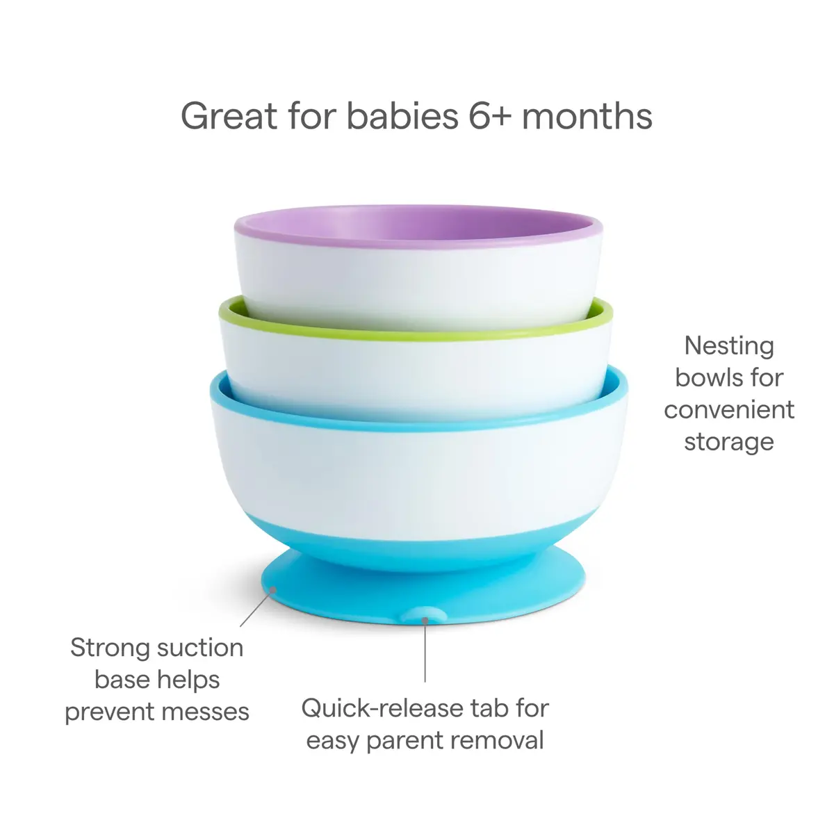 Munchkin Stay Put Suction Bowls for Baby and Toddler, 3 Pack, Blue/Green/Purple | BPA-Free Silicone Feeding Bowls for Infants 6+ Months - view 6