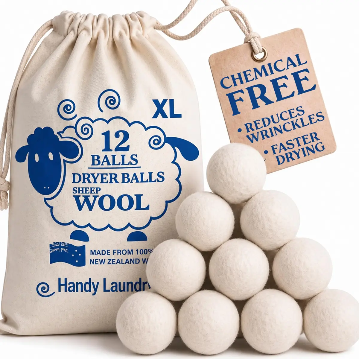 Handy Laundry Wool Dryer Balls 12-Pack, Reusable Natural Fabric Softener | 0.69 kg (1.52 lb) Pack - main product image