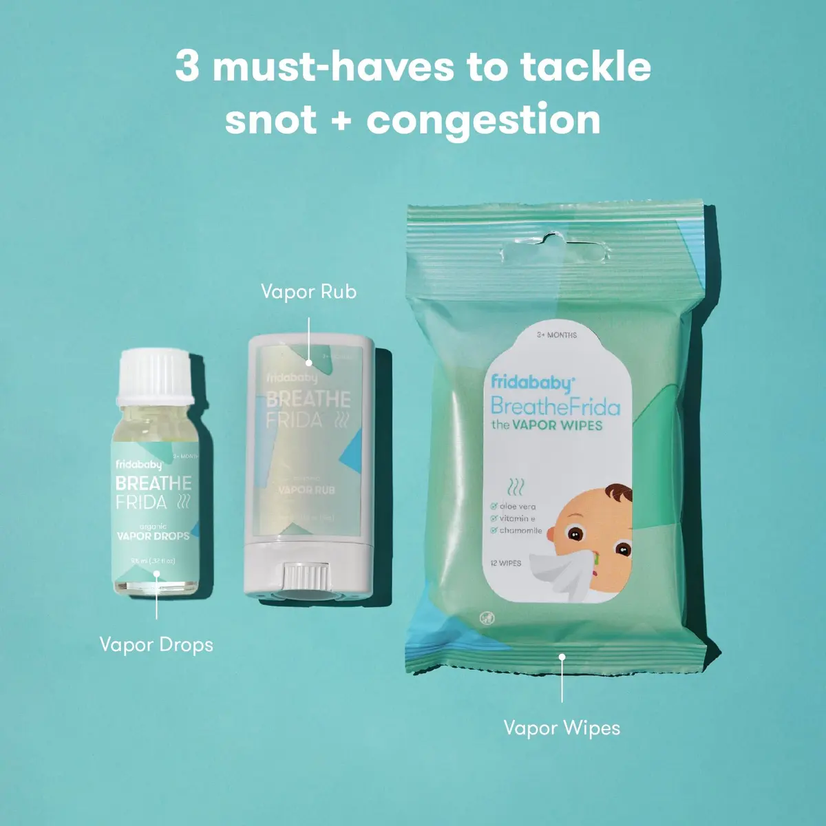 Frida Baby Breathe Easy Kit, 3-Piece Sick Day Essentials Set with Vapor Wipes, Rub & Drops | Natural Congestion Relief for Infants - view 2