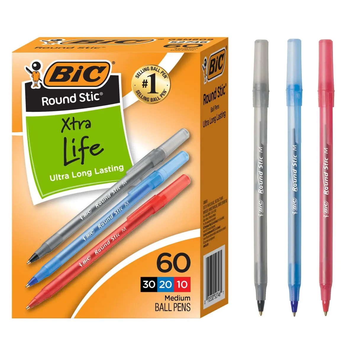 BIC Round Stic Xtra Life Assorted Ink Ballpoint Pens, 60-Count, 1.0mm Medium Point | Smooth Writing for Students & Office - main product image