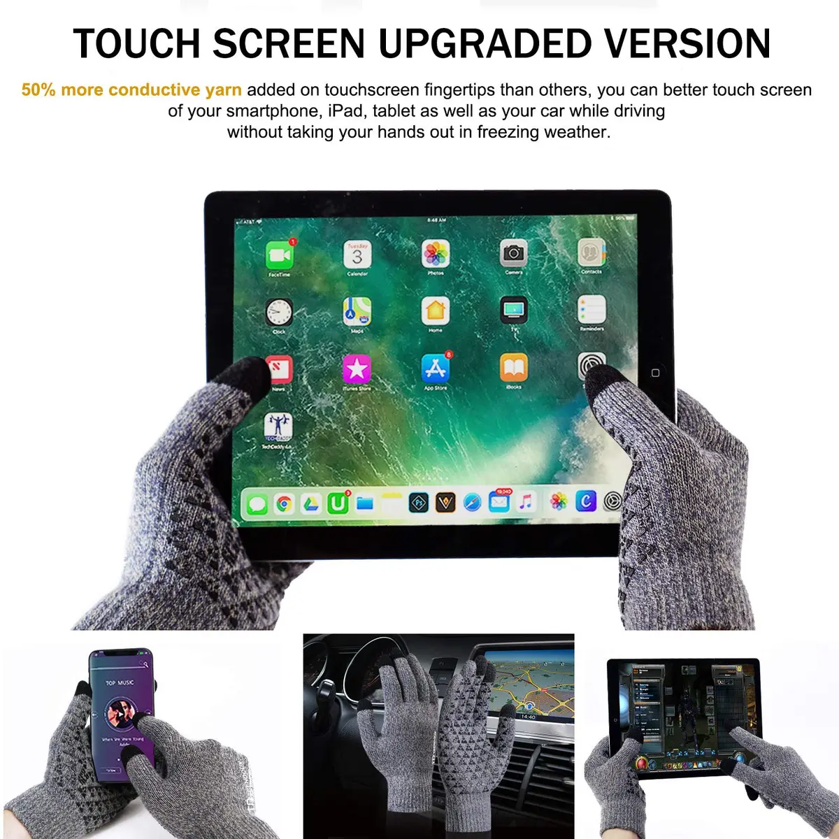 TRENDOUX Winter Gloves Touch Screen Knit Warm Unisex Texting Gloves Light Gray L | Grips Steering Wheel - view 2