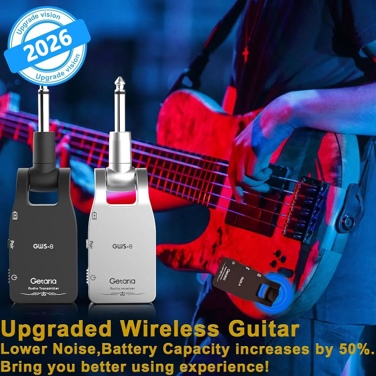 Getaria GWS-8 Wireless Guitar System Transmitter Receiver Set | 2.4GHz Uncompressed Signal, 100ft Range, Rechargeable - view 2