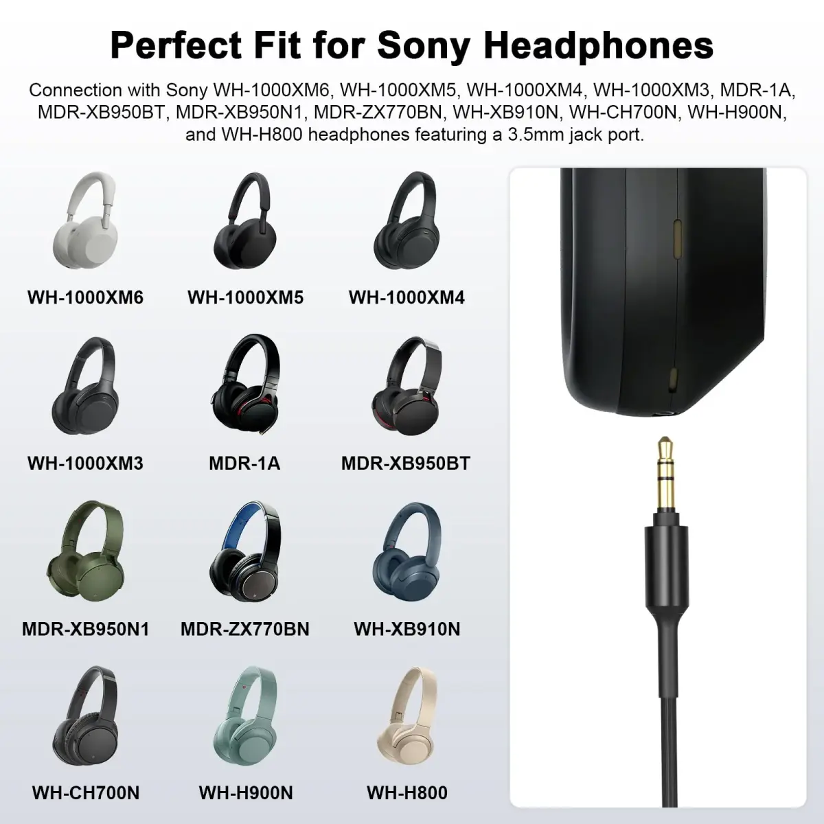 Muigiwi Replacement Headphone Audio Cable Cord Aux Wire for Sony WH-1000XM5/XM4/XM3/XM2, MDR-1000X/100ABN/1ADAC, 1.5m (4.9ft) Black - view 2