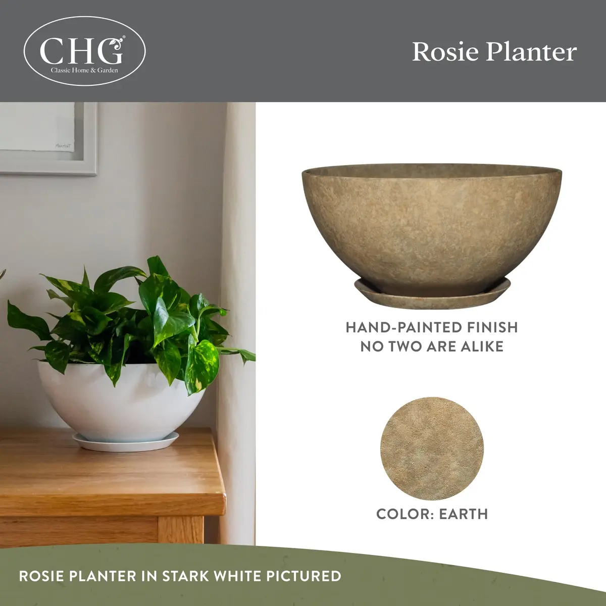 Classic Home & Garden GROWSCAPE Rosie Planter Bowl, 10” Earth | Weather-Resistant Resin with Drainage - view 2