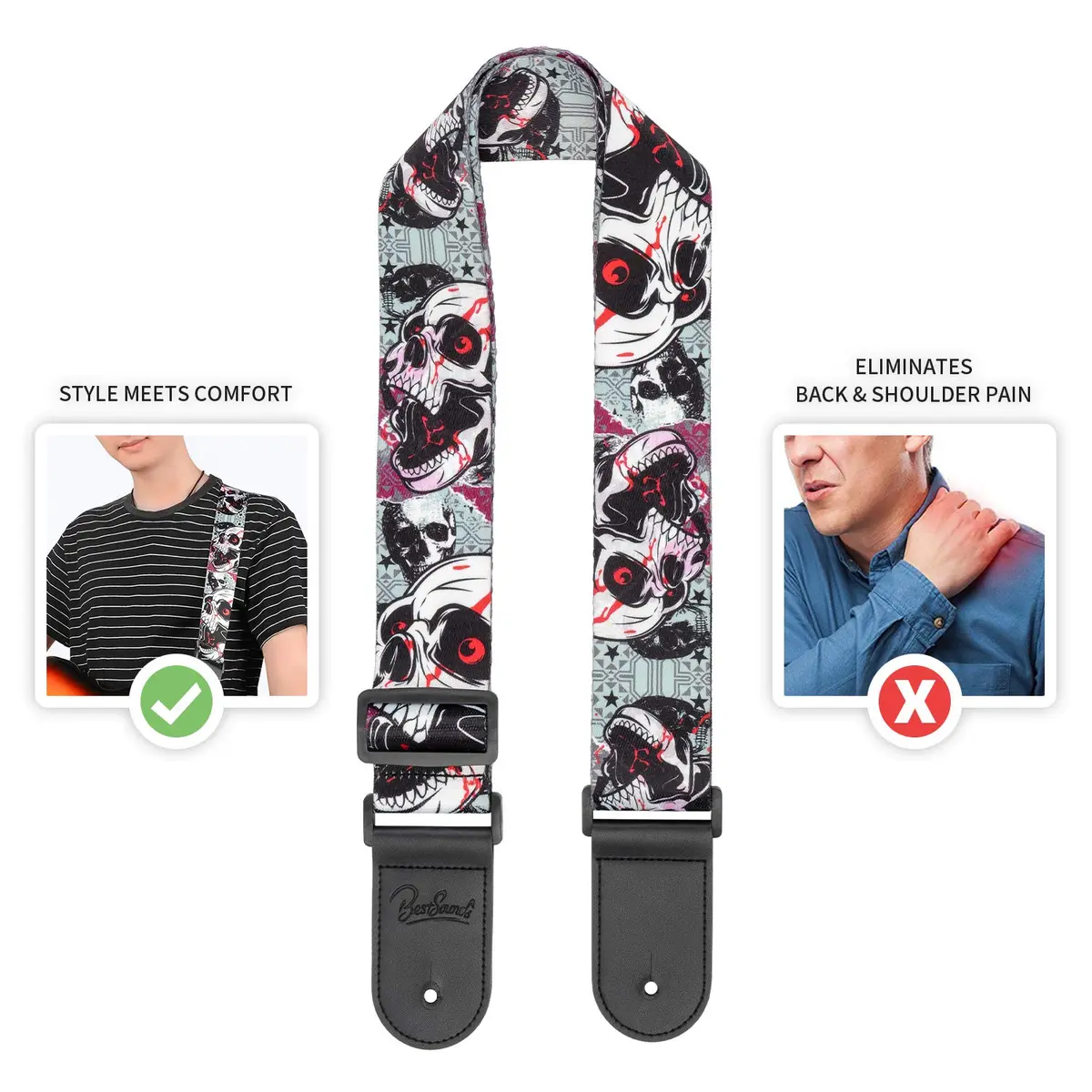 BestSounds Skull Guitar Strap & Leather Ends | Adjustable 85-150cm | Comfortable & Durable - view 3