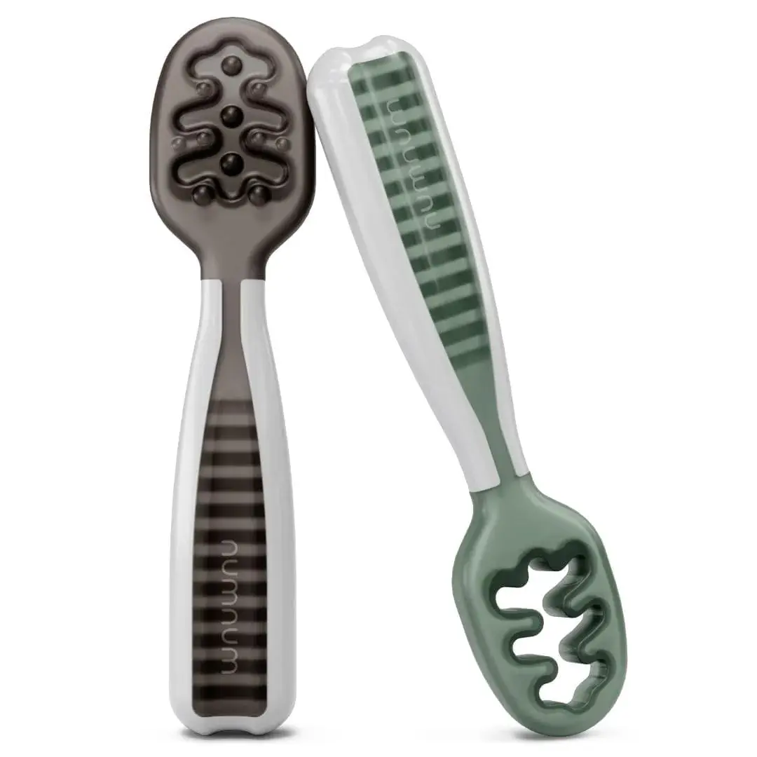 NumNum Baby Spoons Set, GOOtensils Pre-Spoon & Spoon for 6-18 Months | Easy Self-Feeding & Baby Led Weaning (2-Pack, Gray/Green) - main product image