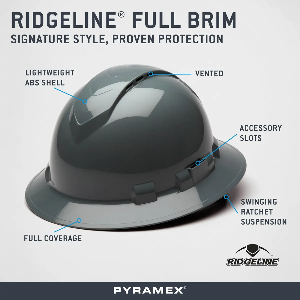 Ridgeline Full Brim Hard Hat 4 Point Ratchet Slate Gray | Vented Construction Helmet with ANSI Z89.1 Type I Class C - view 5