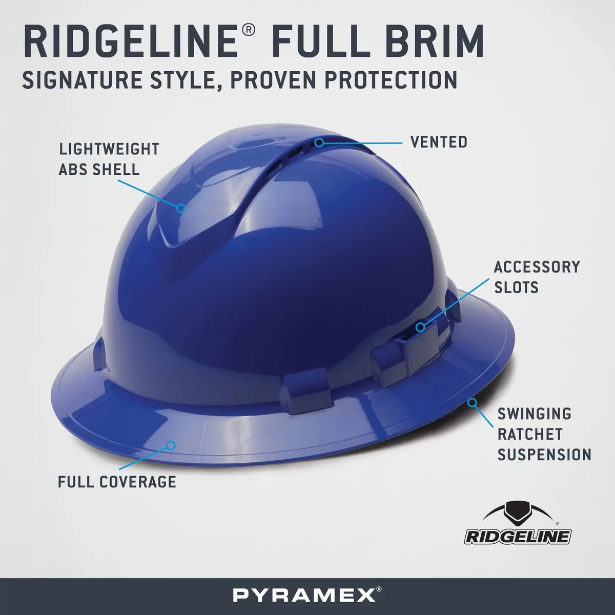 Ridgeline Blue Full Brim Vented Hard Hat with 4-Point Ratchet Suspension | ANSI Z89.1 Type 1 Class C - view 5