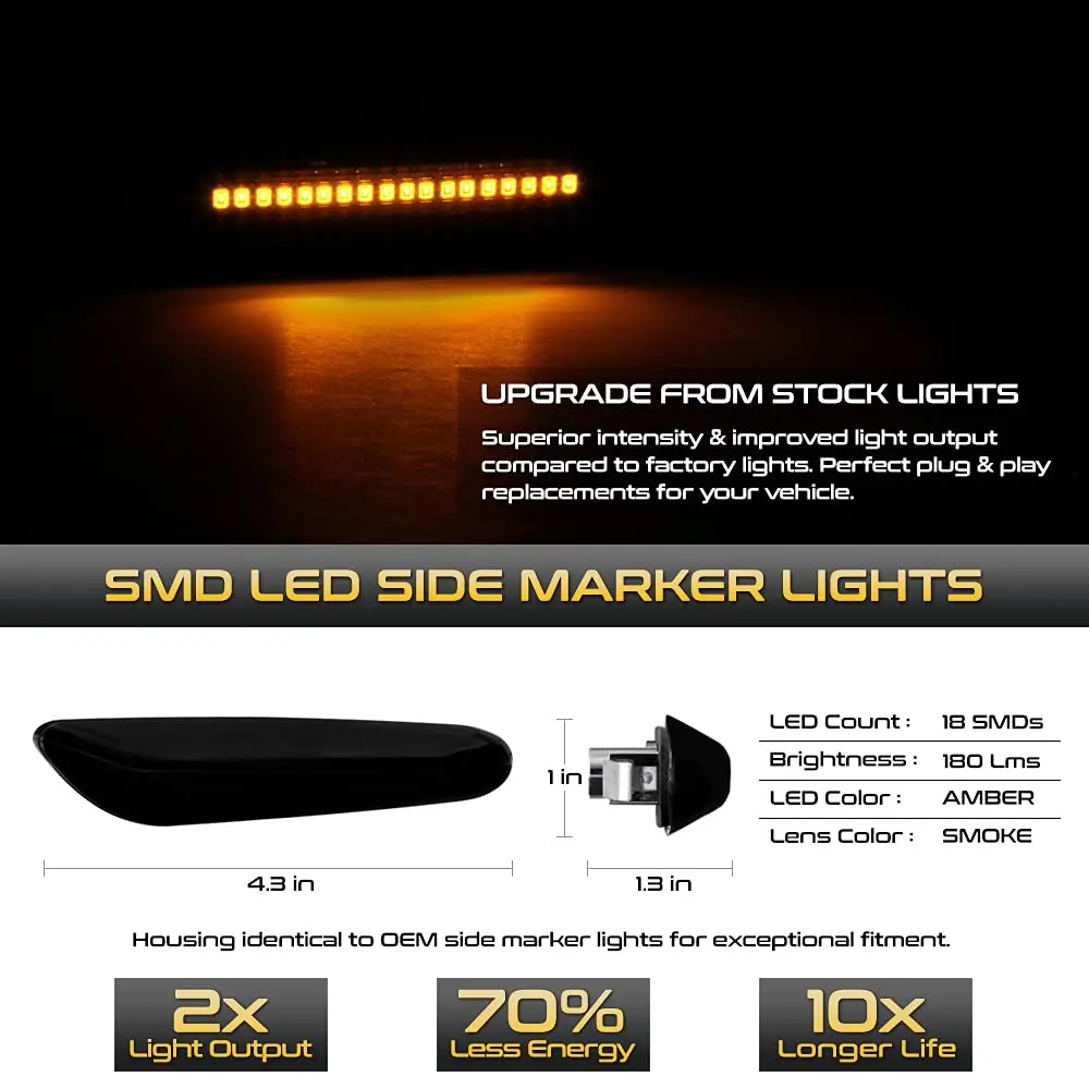 VIPMOTOZ Dark Smoked Lens Full LED Side Marker Light for BMW E82 E88 E90 E91 E92 E93 E60 E61 E83 | Bright, Plug & Play - view 2