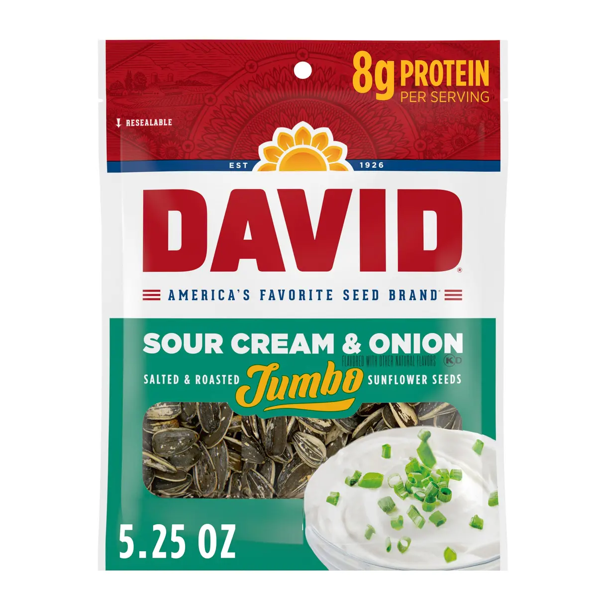 David Sour Cream & Onion Jumbo Sunflower Seeds 5.25oz | Keto Friendly, Resealable Bag (Pack of 12) - main product image