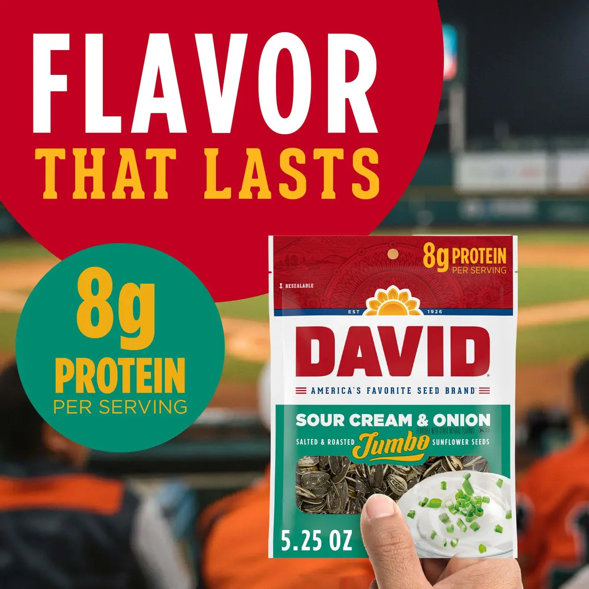 David Sour Cream & Onion Jumbo Sunflower Seeds 5.25oz | Keto Friendly, Resealable Bag (Pack of 12) - view 2
